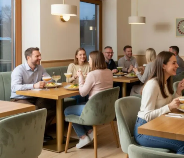 Jasne wnętrze restauracji SA-DA-GENERÁL Betéti Társaság Co z daniami z grilla i koktajlami na stole