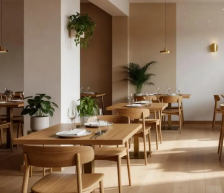 Jasne wnętrze restauracji z drewnianymi stołami, zielenią i złotymi detalami