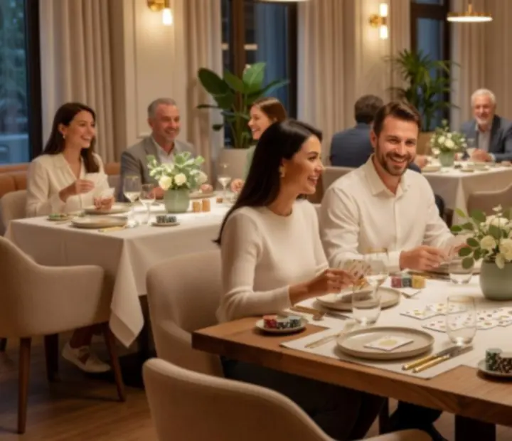 Stół pokerowy w restauracji SA-DA-GENERÁL Betéti Társaság Co z kartami, żetonami i elegancką kolacją