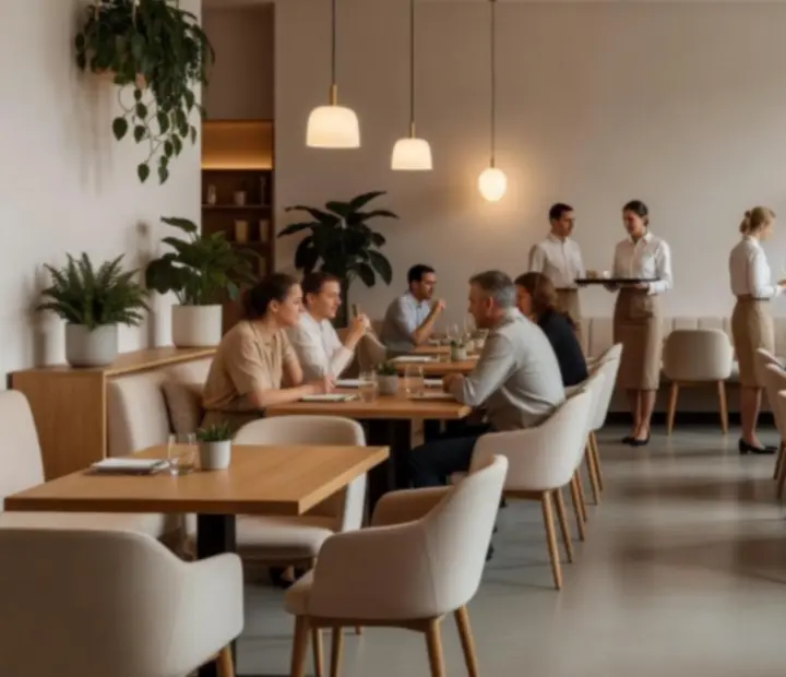 Jasna sala główna restauracji SA-DA-GENERÁL Betéti Társaság Co z drewnianymi stołami i zielonymi akcentami.