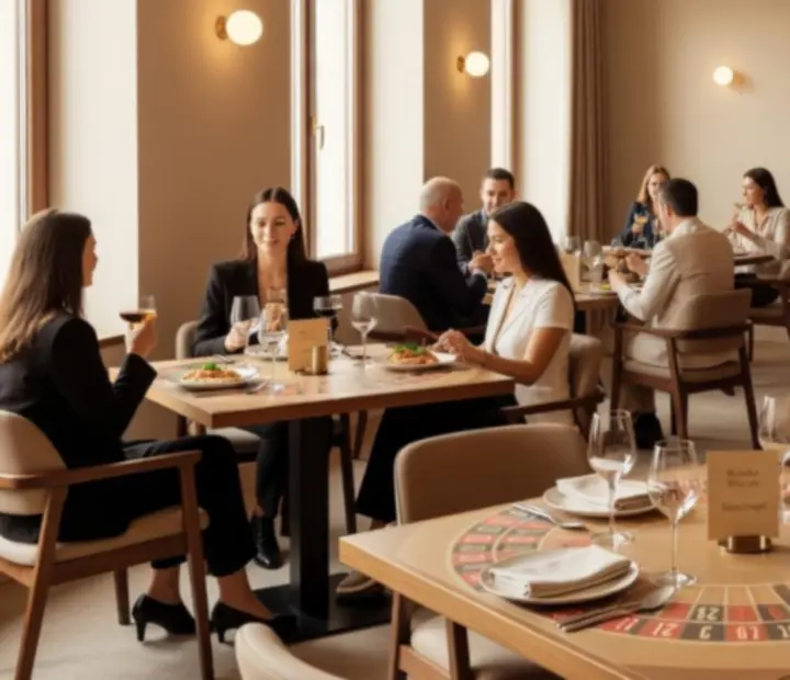 Stół restauracyjny inspirowany ruletką z elegancką kolacją i koktajlami