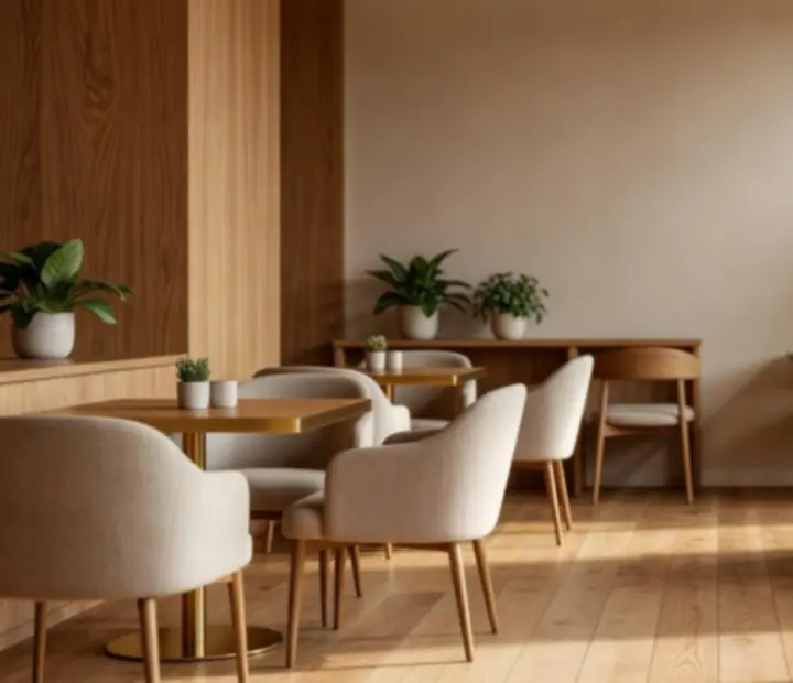 Wnętrze restauracji z jasnym wystrojem, naturalnym drewnem i roślinami.